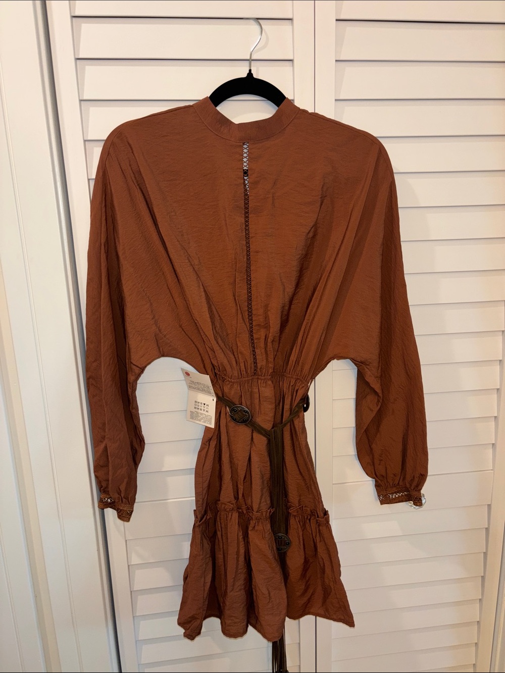 Zara Rust Brown Long-Sleeve Tiered Mini Dress with Belt Detail